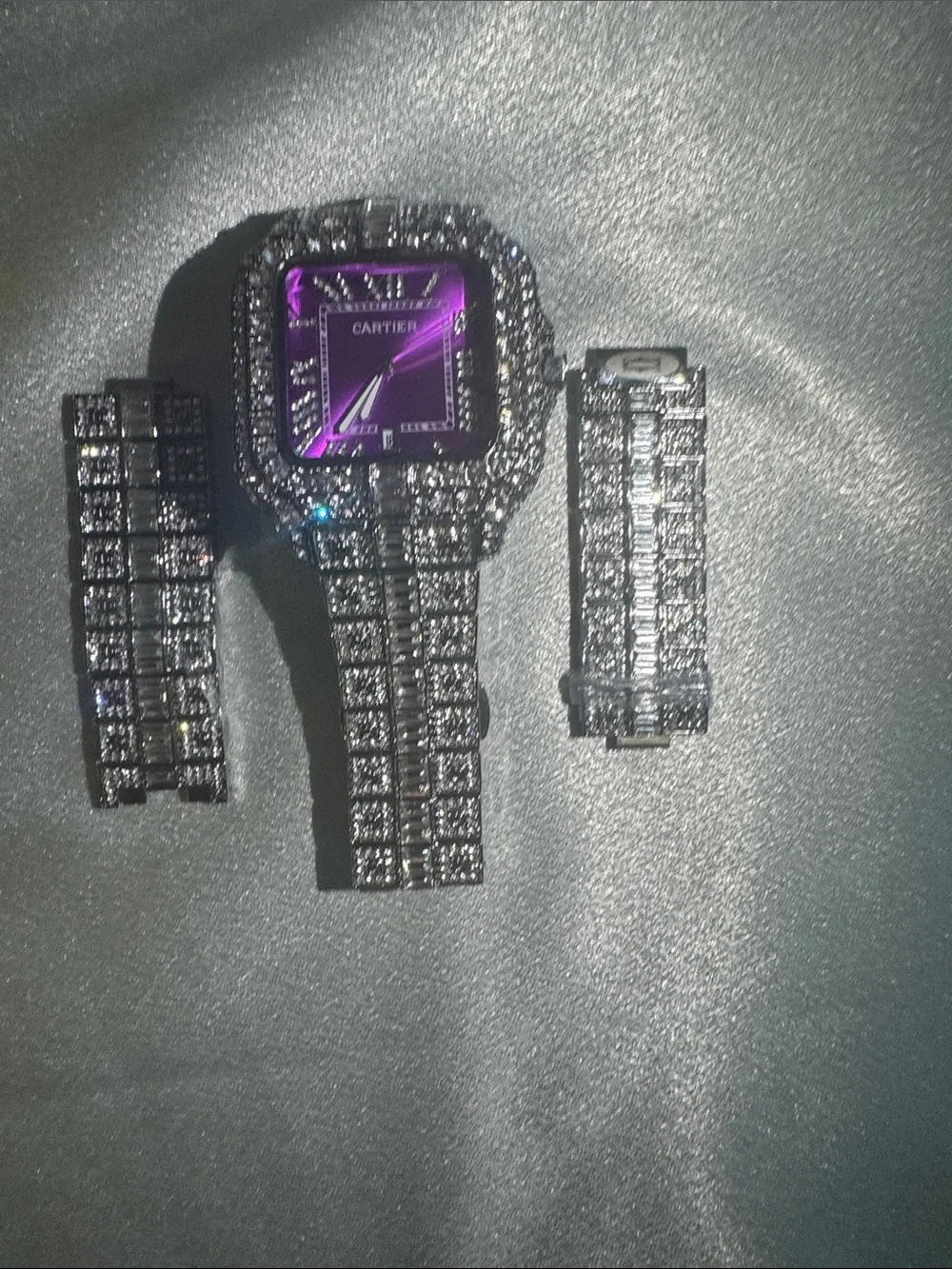 New! Iced-Out bustdown watch featuring a vibrant purple dial and Moissinite vvs1